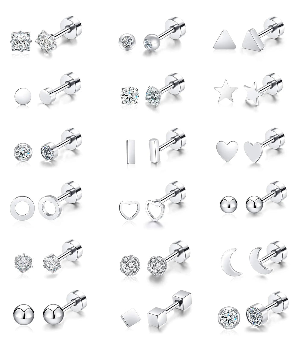 18 Pairs 14K Gold Plated Surgical Steel Screw Flat Back Stud Earrings Tiny Cartilage Earring Sets Fo