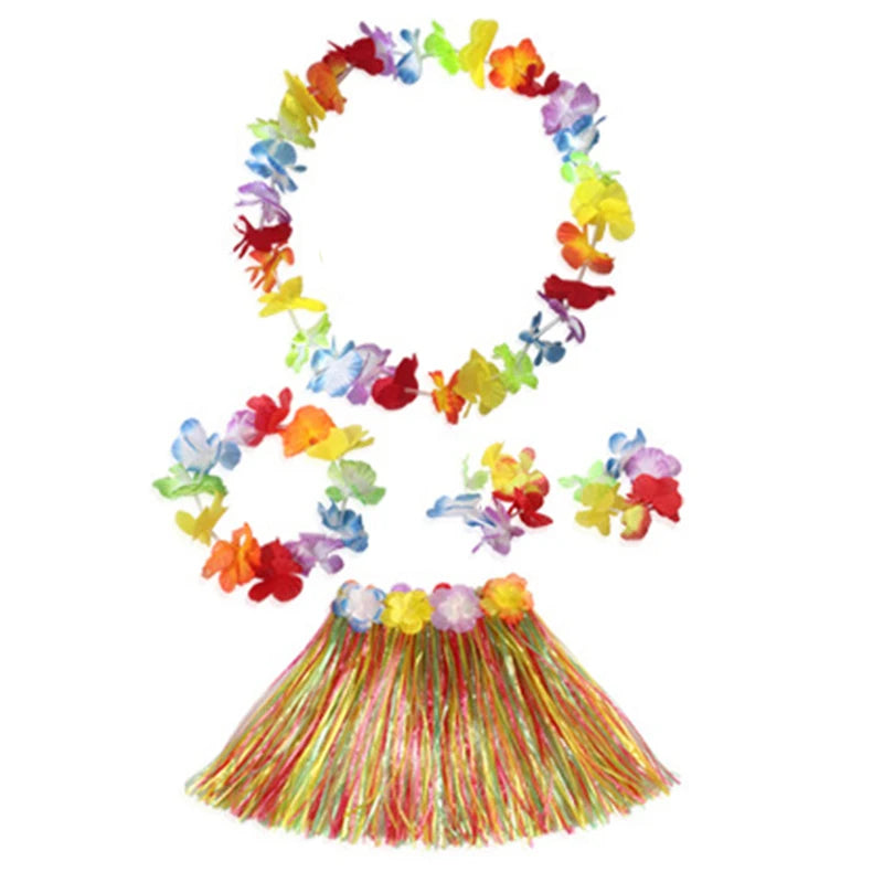 Kids Hawaiian Luau Costume Set | Grass Skirt Lei Flower Bracelets Headband additional angle