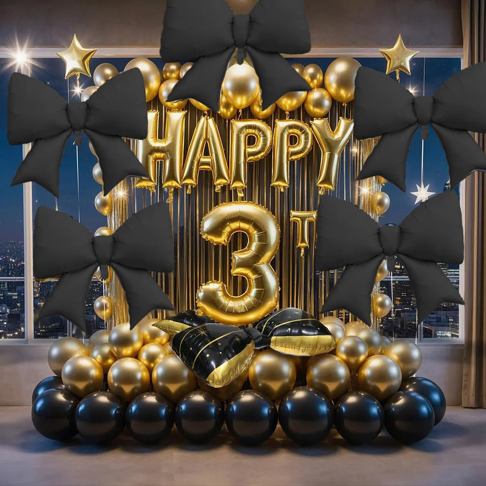 2-Pack Matte Black Bow Aluminum Foil Balloons | Bow-Themed Party Decor close-up view
