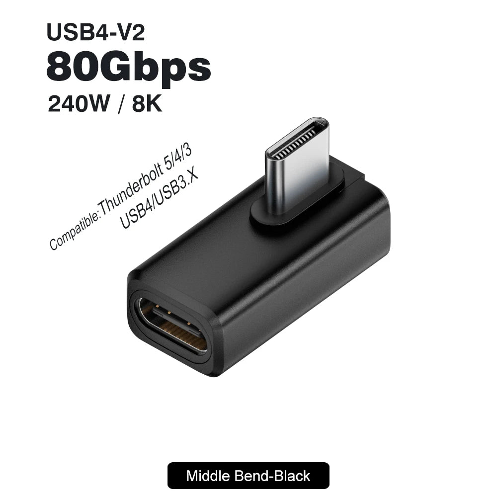 USB4 V2 90 Degree Type C Angle Adapter 80Gbps Thunderbolt 5 4 3 Elbow Adapter 240W USB close-up view