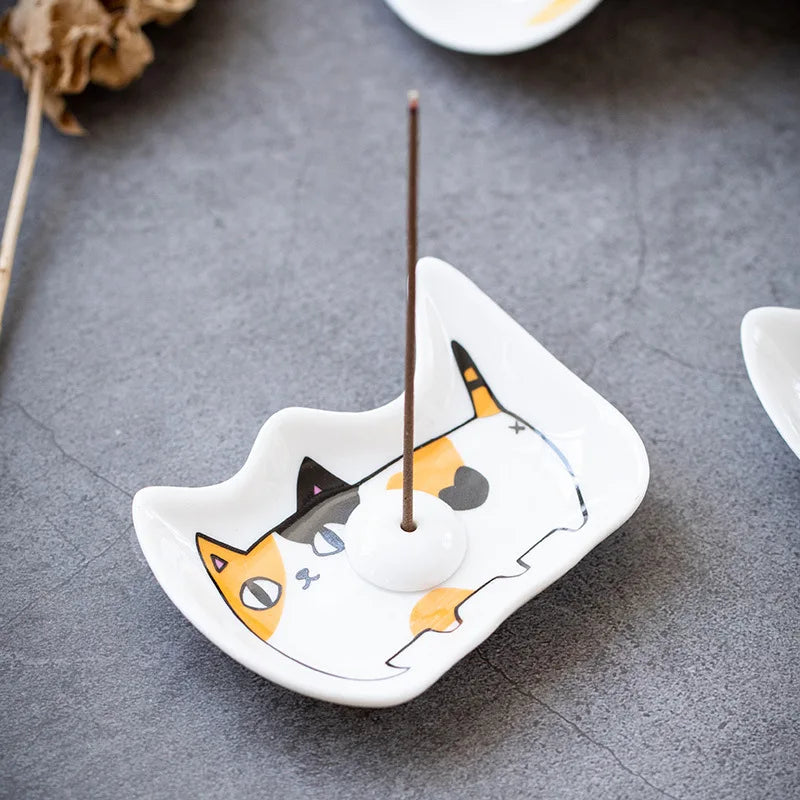 Japanese Ceramic Cat Incense Tray and Sauce Dish | Cute Animal Seasoning Plate for Kitch detail view