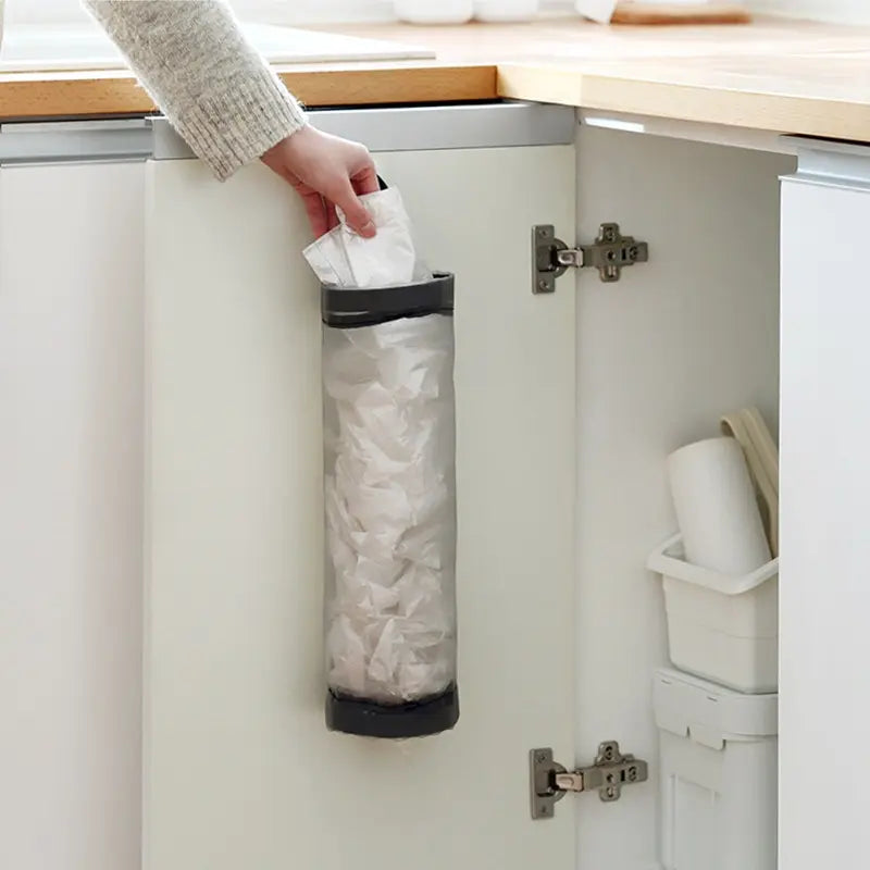 1pc Grey Sundries Bag Storage Wall Mount Mesh Plastic Bags Dispenser Hanging Reused St close-up view
