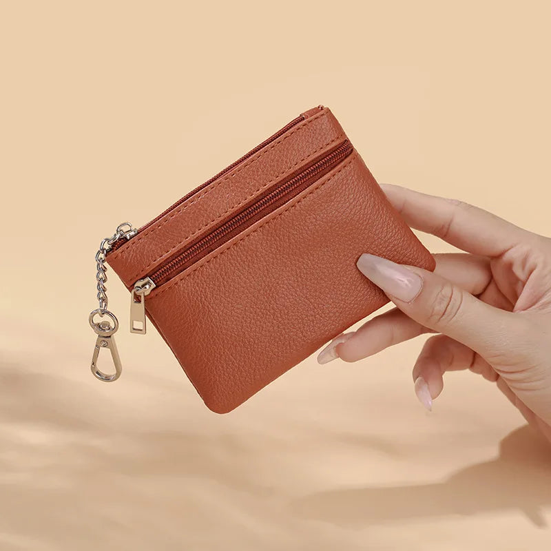 Mini Leather Card Holder Wallet | Compact Zipper Coin Purse for Women close-up view