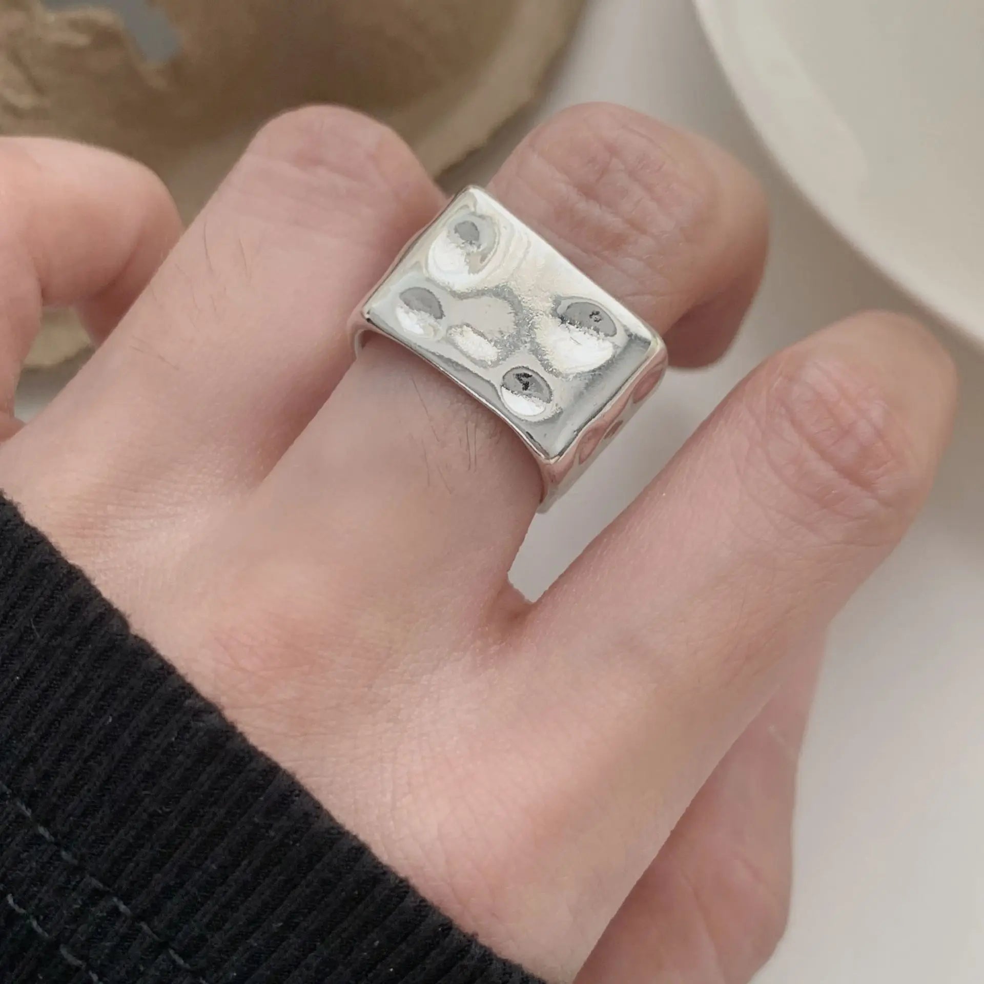 PANJBJ 925 Sterling Silver Frosting Geometry Ring for Women Wide Texture Versatile Handm detail view