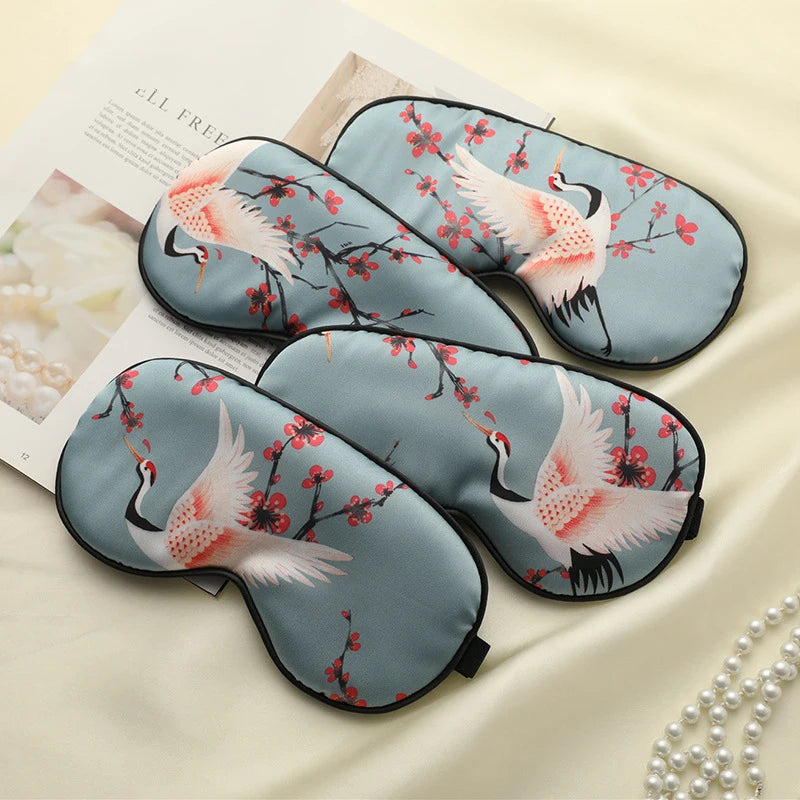 Imitated Silk Sleeping Eye Mask with Crane Print | Adjustable Blindfold for Travel an alternate view