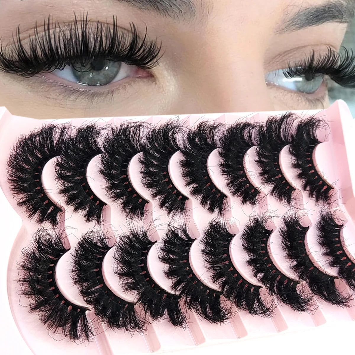 5-8 Pairs Natural Russian Striped Mink Lashes | 3D Volume Wavy False Eyelash Extension close-up view
