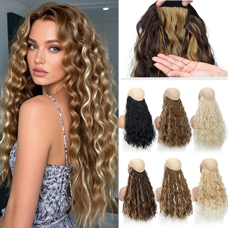 Long Synthetic Fishing Line Hair Extensions Elegant Water Wave Curly Styles for Women Lightweight fl