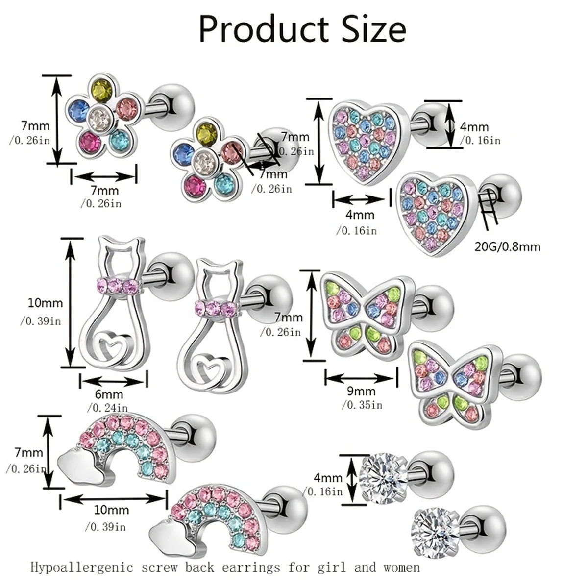 EVISPOL 2-12pcs 316L Stainless Steel Screw Back Stud Earrings Butterfly Heart Flower Car detail view