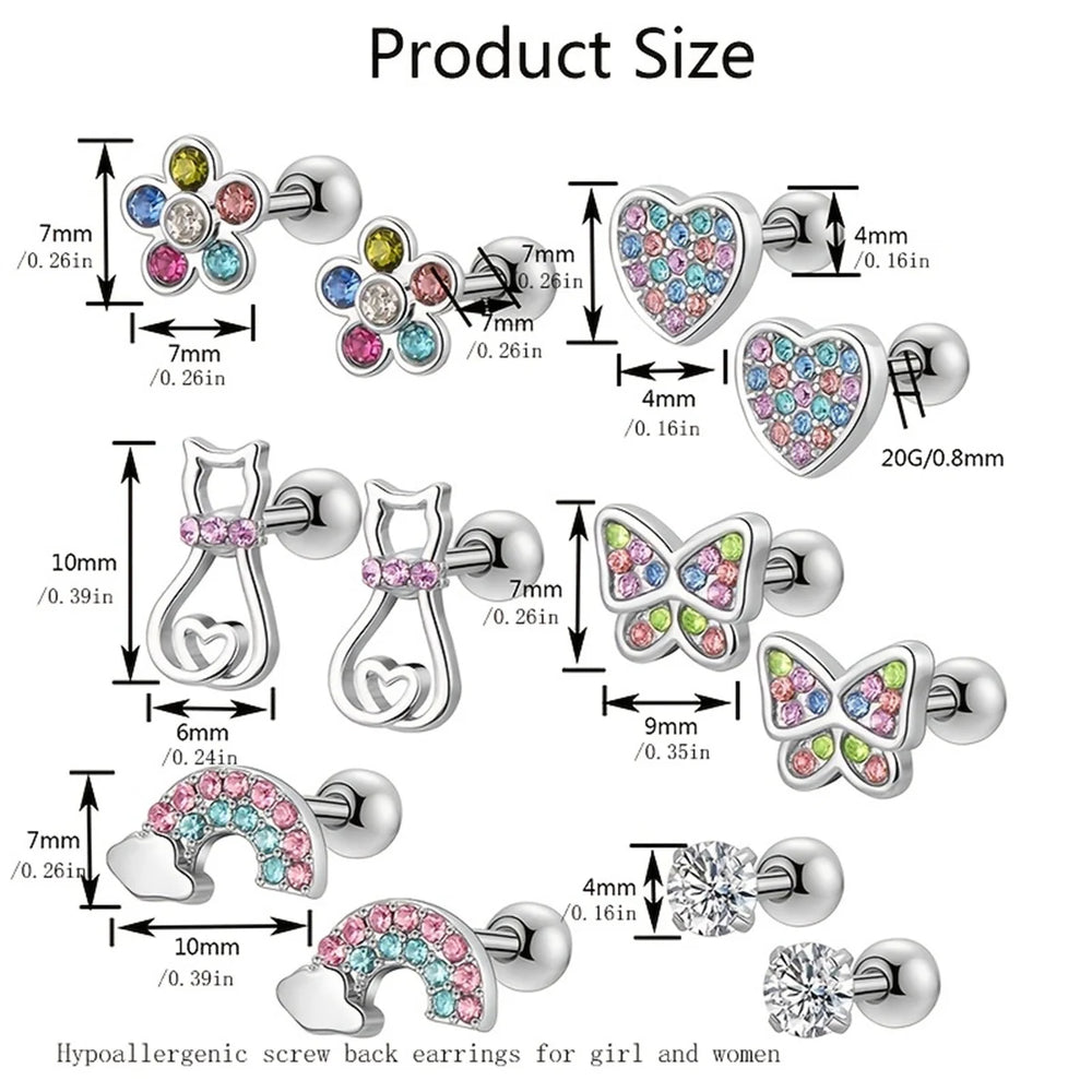 EVISPOL 2-12pcs 316L Stainless Steel Screw Back Stud Earrings Butterfly Heart Flower Car detail view