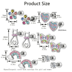 EVISPOL 2-12pcs 316L Stainless Steel Screw Back Stud Earrings Butterfly Heart Flower Car detail view