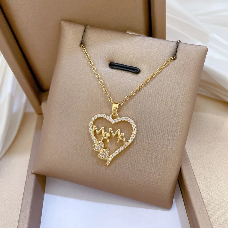 Crystal Heart Mama Necklace | Stainless Steel Pendant Jewelry for Mom additional angle