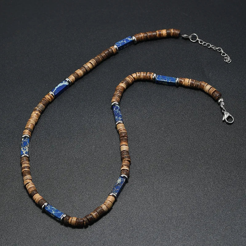 Vintage Boho Natural Stone Necklace for Couples | Brown Coconut Shell Bead Choker close-up view
