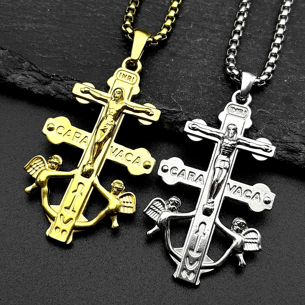 Catholic INRI Caravaca Cross Jesus Crucifix Cherub Angel Pendant Necklace for Women Men Stainless St