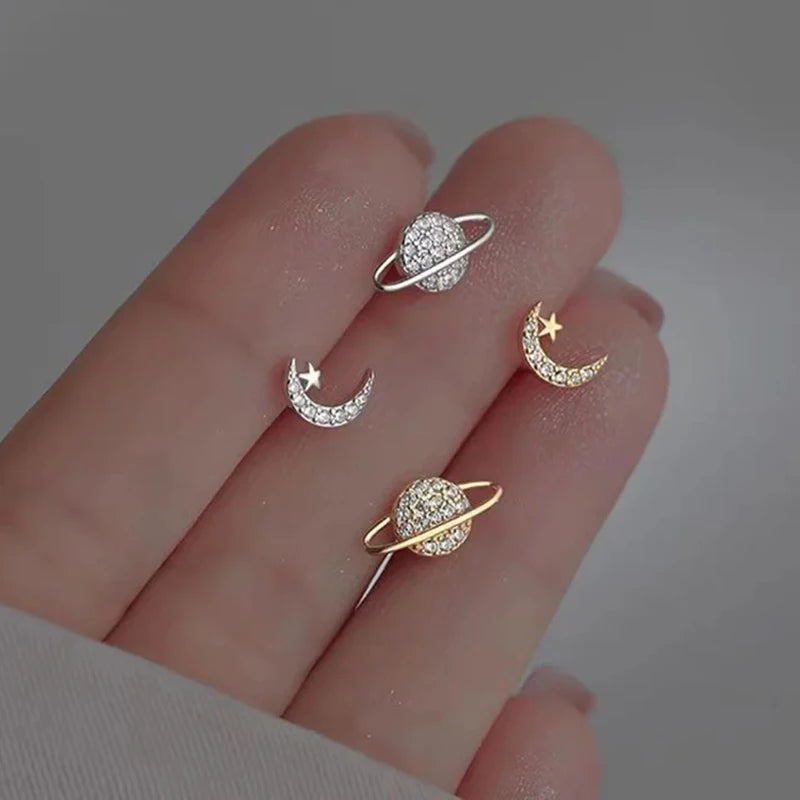 Simple Fashion Zircon Star Moon Mini Earrings for Women Cute Korean Planet Asymmetric Ear Studs Pier
