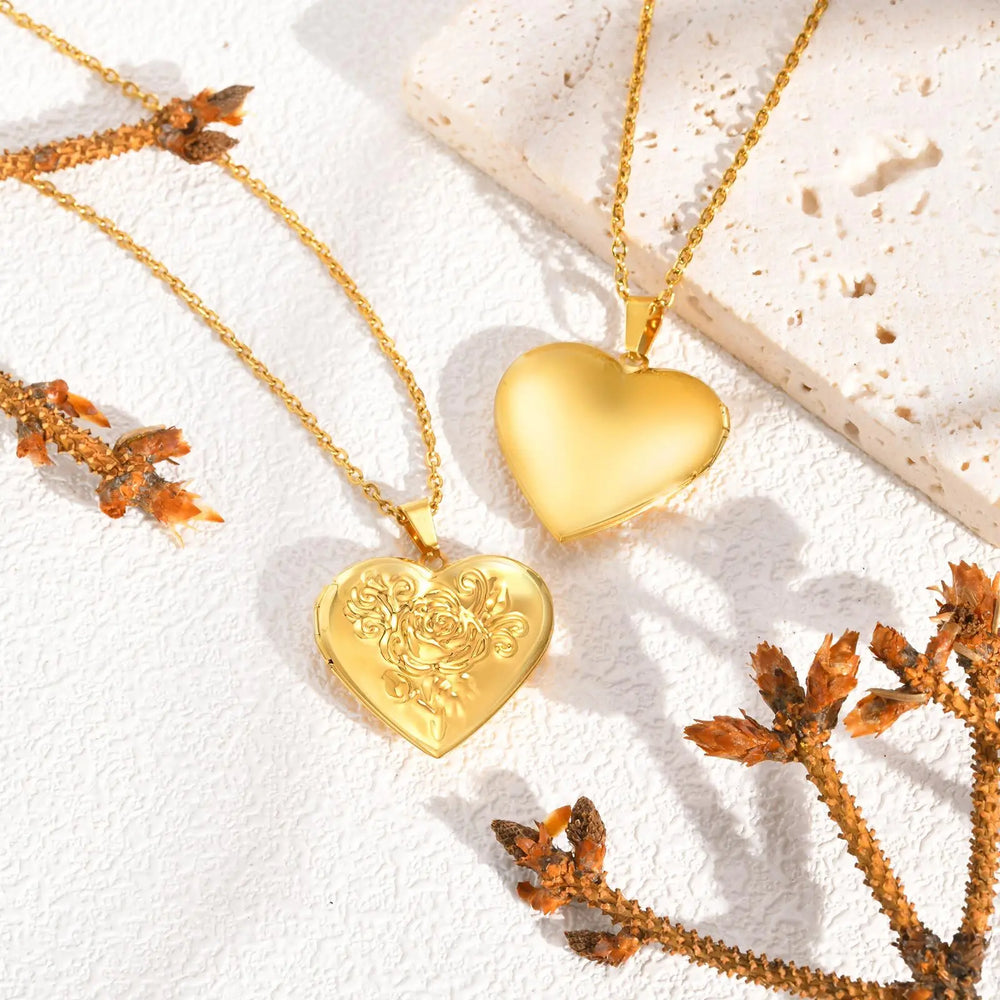 Gold Heart Locket Necklace with Photo Frame | Stainless Steel Jewelry for Women additional angle