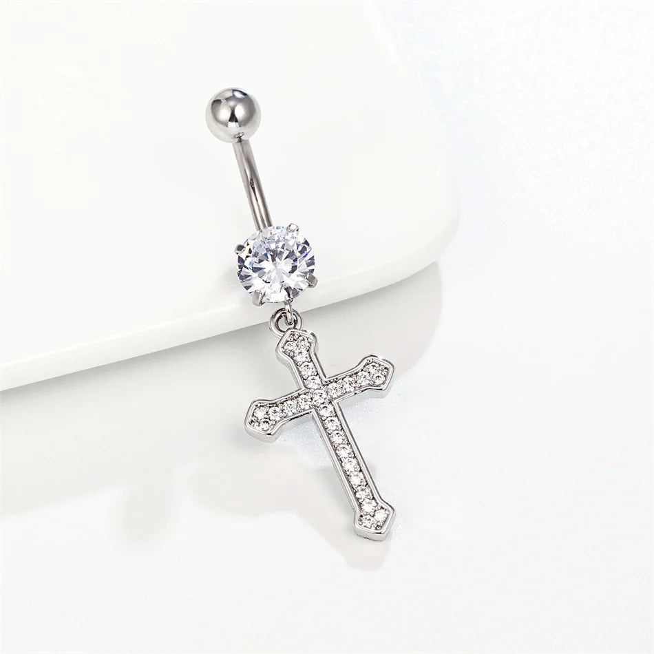 Surgical Cross Dangle Navel Ring Crystal Stainless Steel Belly Button Piercing Earr additional angle