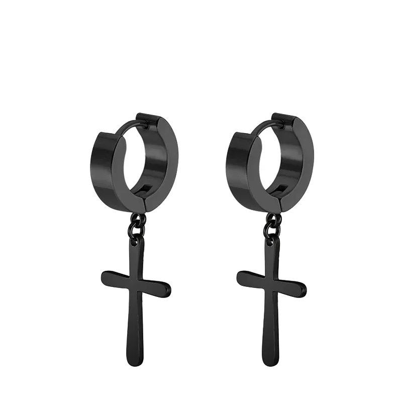 2pc Stainless Steel Men Cross Stars Punk Dangle Earrings Gothic Woman Cross Ear Hoo additional angle