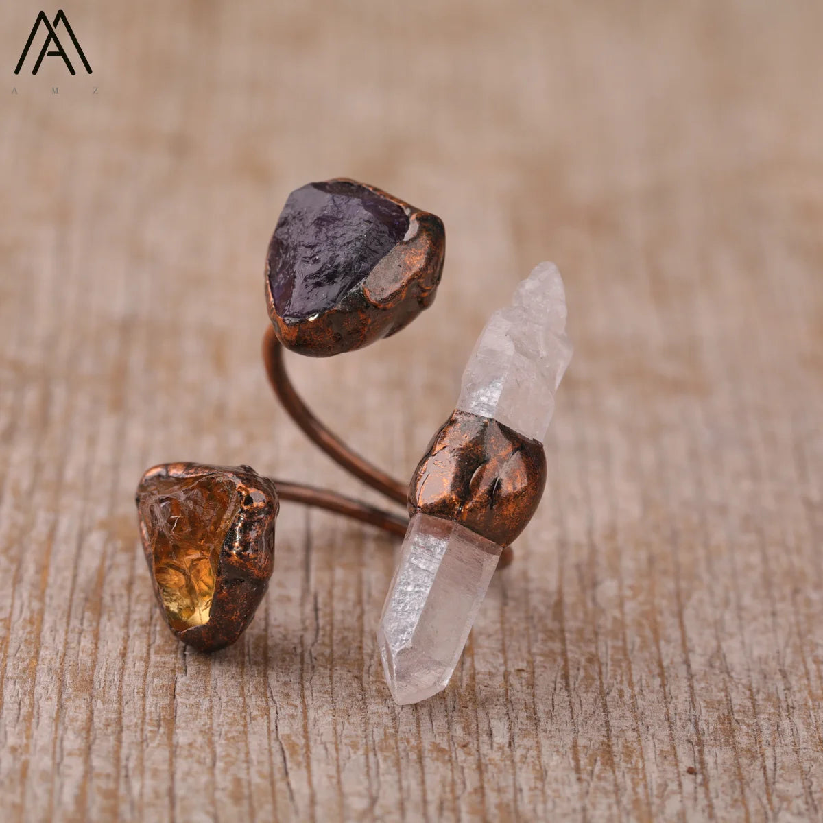 Irregular White Quartz Point Beads Bronze Handmade Rings Jewelry Women Natural Stone Adj detail view