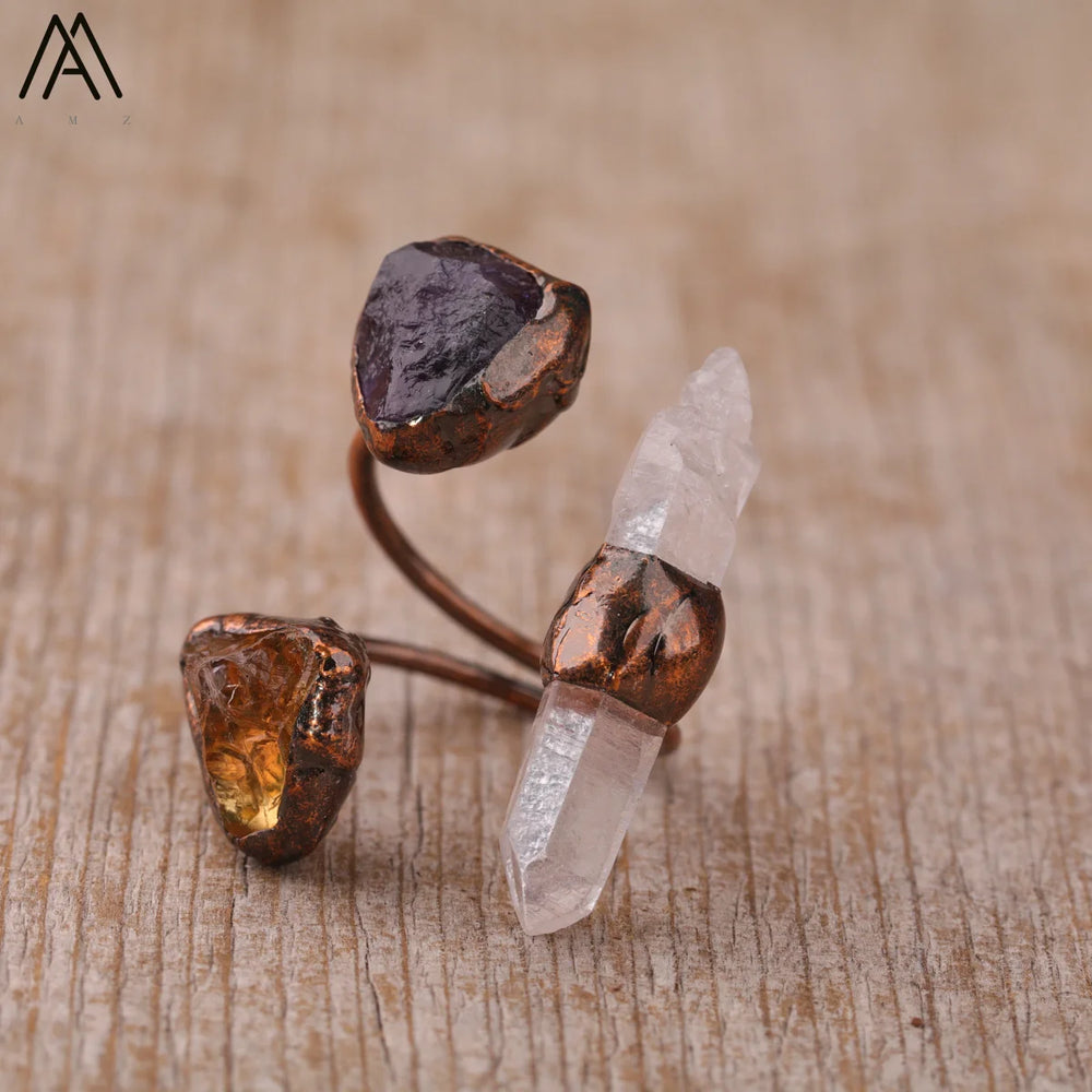 Irregular White Quartz Point Beads Bronze Handmade Rings Jewelry Women Natural Stone Adj detail view