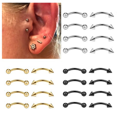 8Pcs 16G Fashion Stainless Steel Curved Barbell Rook Eyebrow Rings ,CZ Belly Lip Ring Daith Cartilag