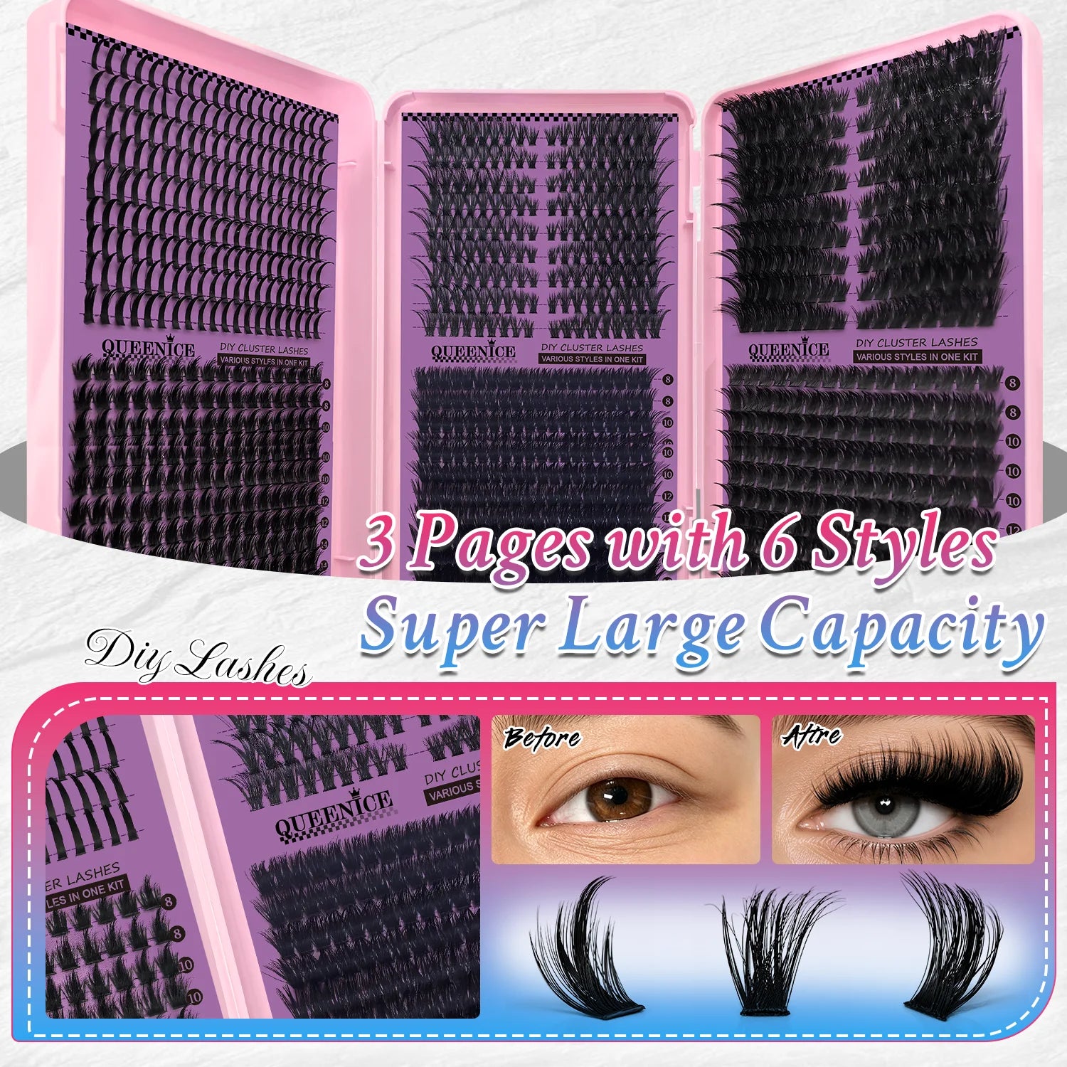 QUEENICE Three Fold Updated New DIY False Eyelash Extension 6 Mixed Styles Fluffy Voluminous  Cat eye Spiky lash extensions