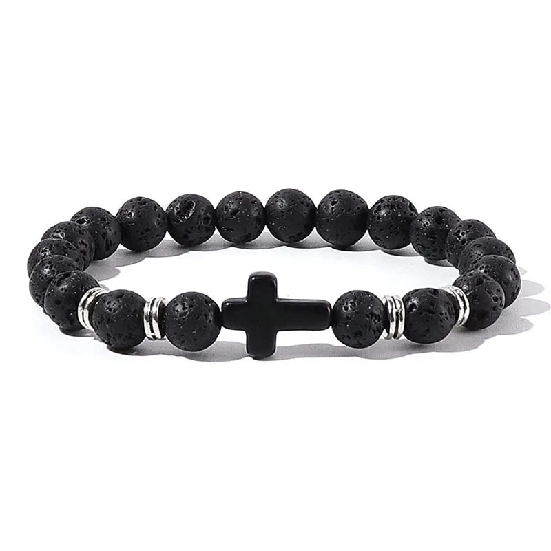 Prayer Men Natural Stone Wood Beads Rosary Hematite Cross Bracelets Onyx Meditation Br close-up view