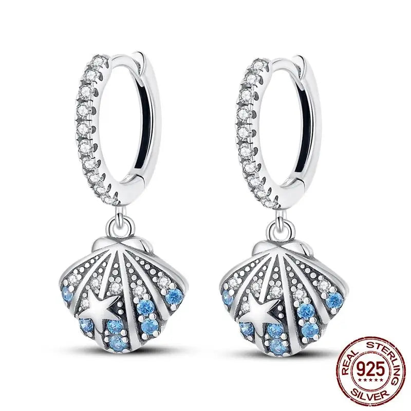 Luminous Shell Women Earrings Original 925 Sterling Silver Pave CZ Star Moon Hoop Earr close-up view
