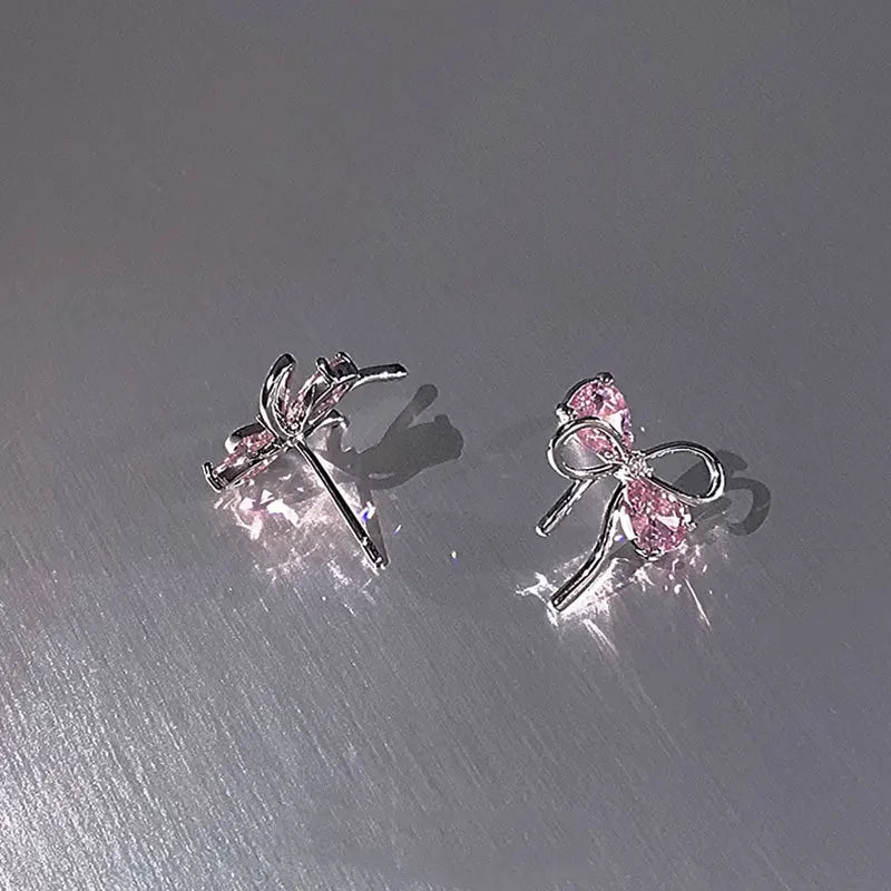 925 Sterling Silver Bow Pink Zircon Stud Earrings | Women's Wedding Fine Jewelry close-up view