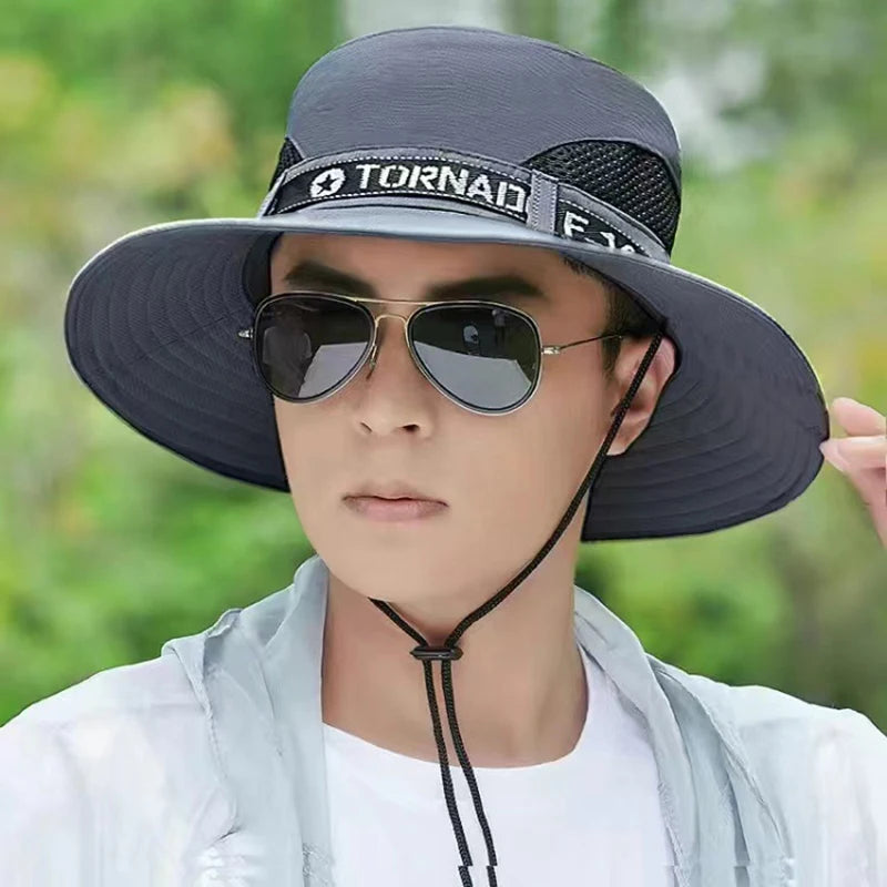 Windproof Men Outdoor Hat | Wide Brim Flat Top Fisherman Hat with Letter Print and Anti- detail view