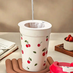 350/400ML Plastic Coffee Mug With Cherry Pattern Travel Portable Water Bottle Tumbler close-up view