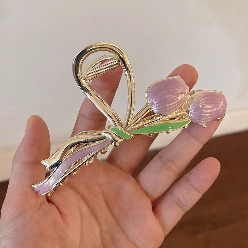 New Tulip Flower Hair Clip Back Head Grab Clip Fashion Ponytail Fixed Hairpins Simple Ov detail view