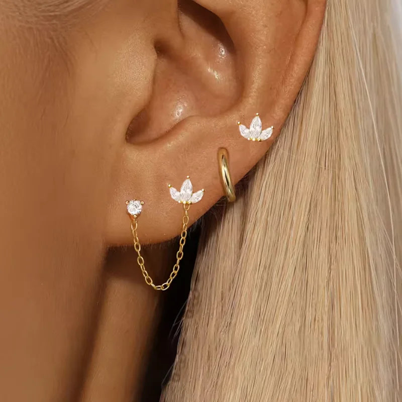 3PCS Stainless Steel Zircon Flower Star Ear Stud Earrings Set 14K Gold Plated Chain Ca close-up view