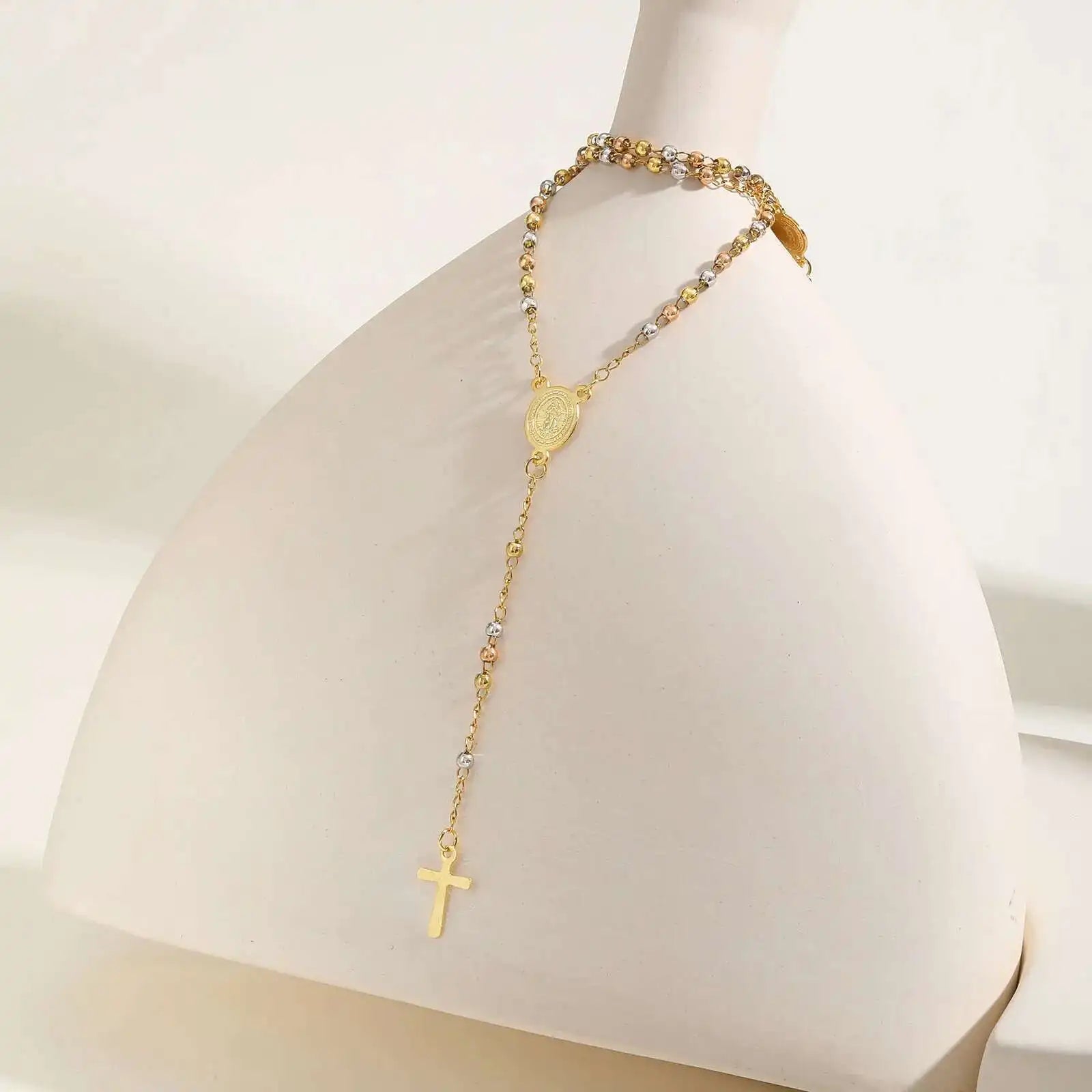 Prjewel Stainless Steel Three-Color Beaded Cross Pendant Y-Necklace | Faith-Inspired lifestyle view