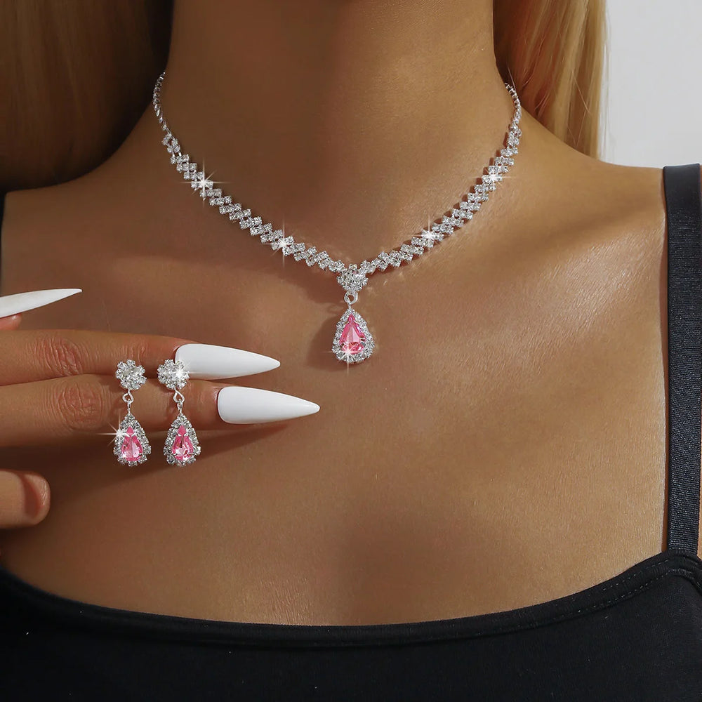 3 Pieces Of Fashionable Women's Water Drop Necklaces And Earrings Set For Wedding Season detail view
