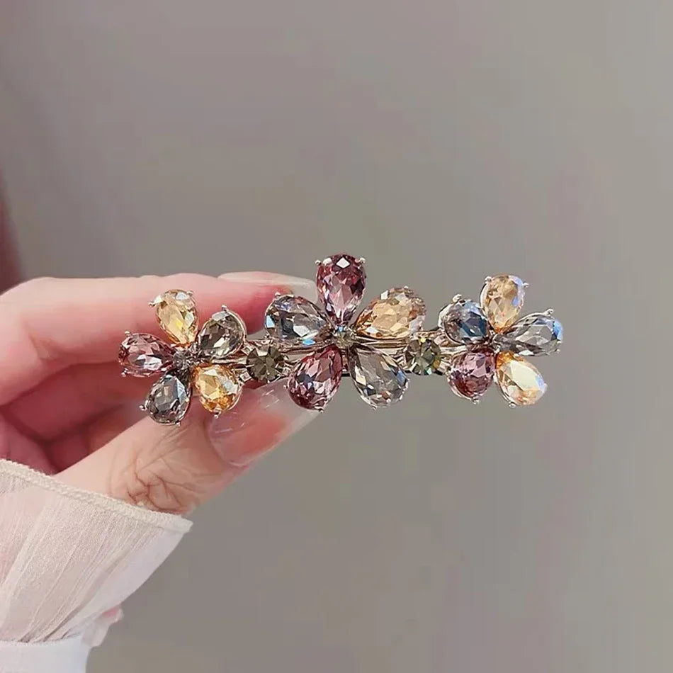 High-end Crystal Flower Hairpin Women's Back of Head Half-tied Spring Clip Hair Clip Simple Elegant
