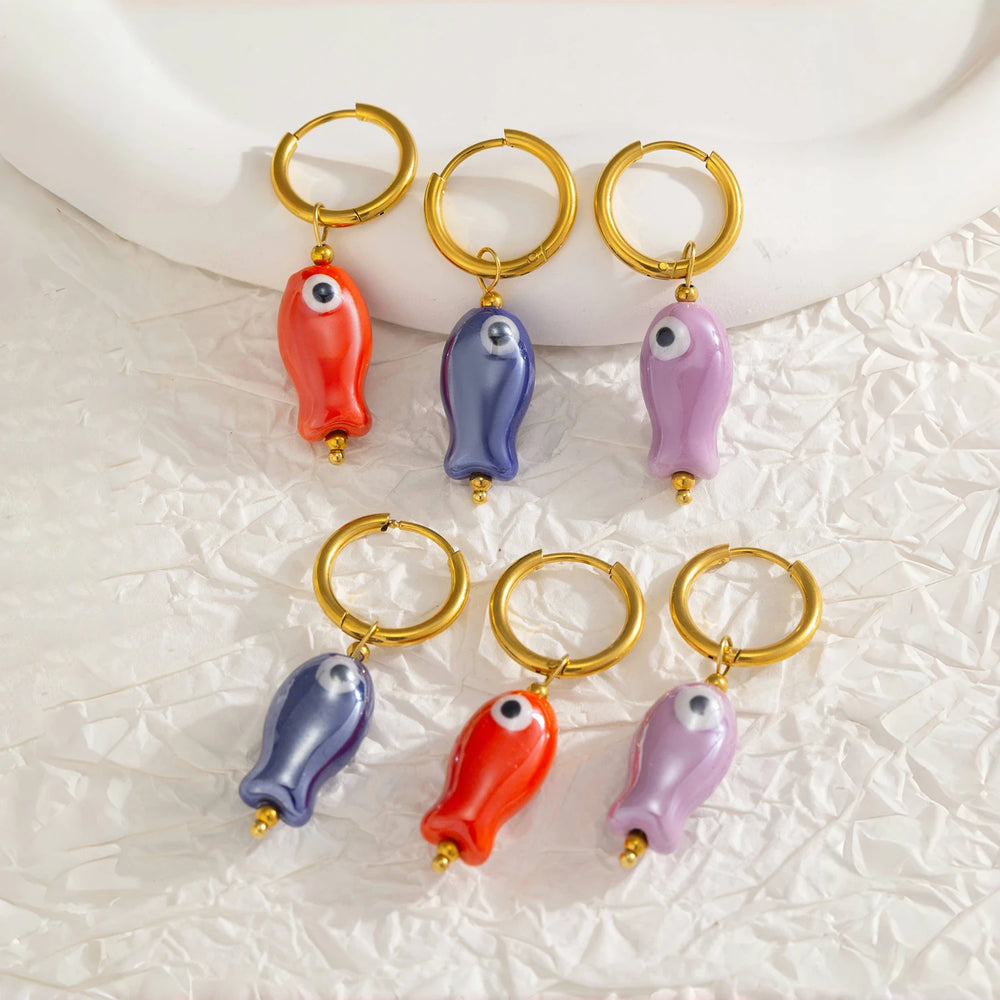 Stainless Steel Ceramic Fish Earrings | Colorful Dopamine Jewelry for Women detail view