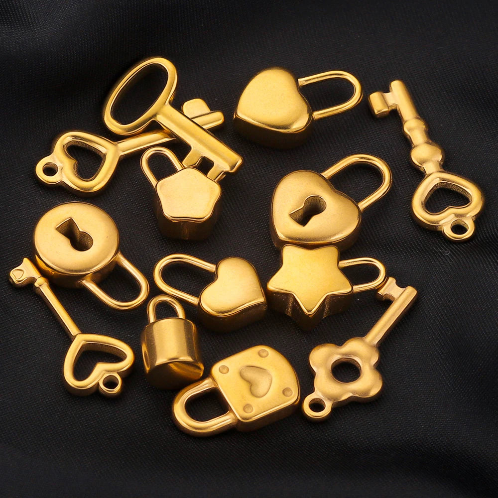 5pcs Stainless Steel Heart Lock Key Gold Plated Love Pendant Punk Hip Hop for DIY N additional angle