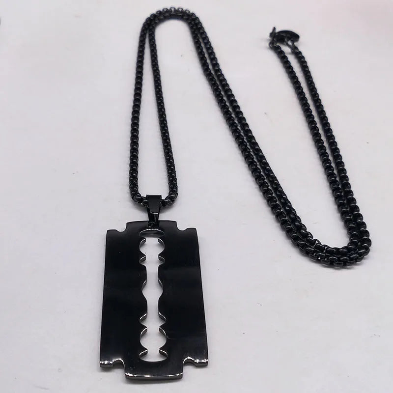 Gothic Blade Razor Pendant Necklace | Stainless Steel Black Goth Men's Chain close-up view
