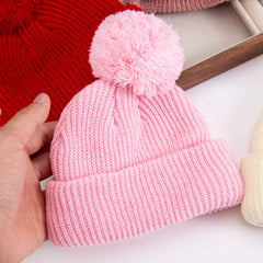 Solid Pom Knitted Baby Beanie | Newborn Infant Winter Hat close-up view