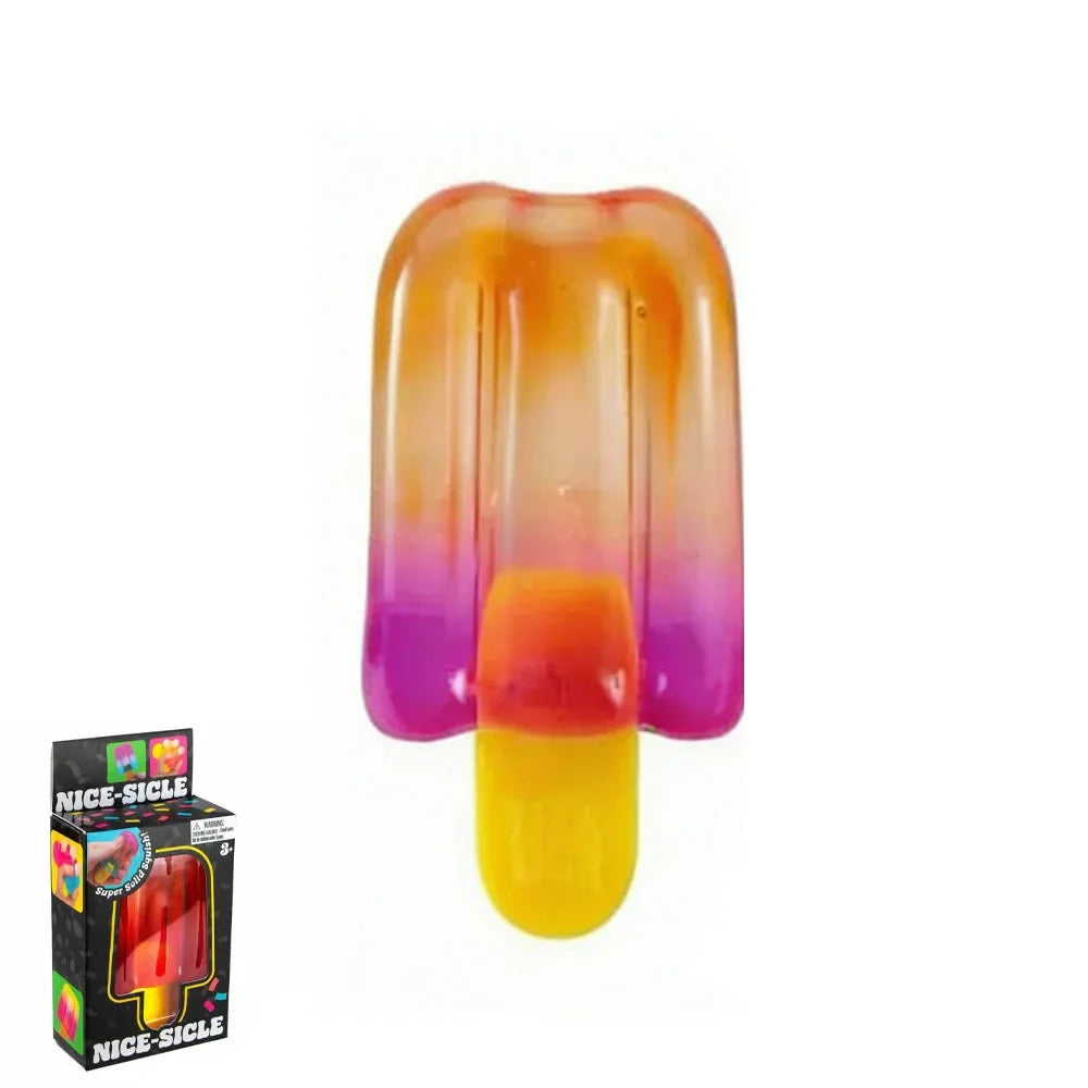Colorful ice cream-shaped product with gradient colors and a packaging box labeled 'Nice Sicle' on a white background.