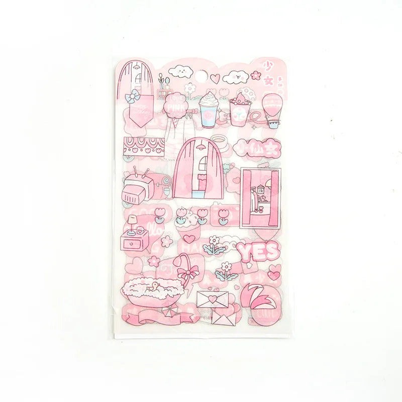 Cute Pink PET Sticker Pack for Scrapbooking and Journaling | 4 Sheets Kawaii Decorative detail view