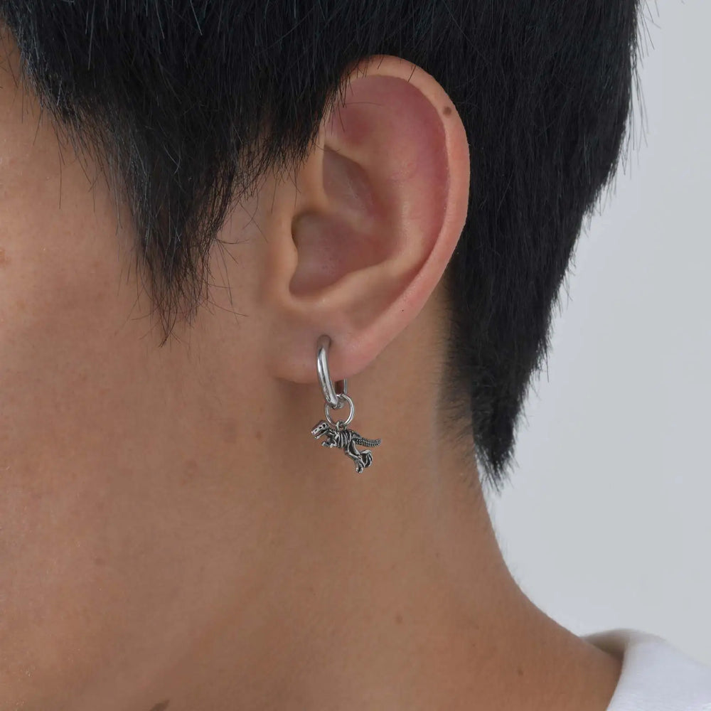 Dinosaur Drop Earrings | Stainless Steel Punk Rock Jewelry for Men and Women close-up view