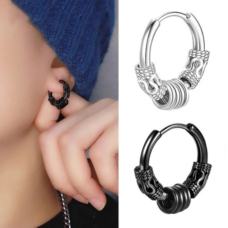 2PC Punk Men's Stainless Steel Hoop Earrings For Women Hip Hop Totem Earring For Men alternate view