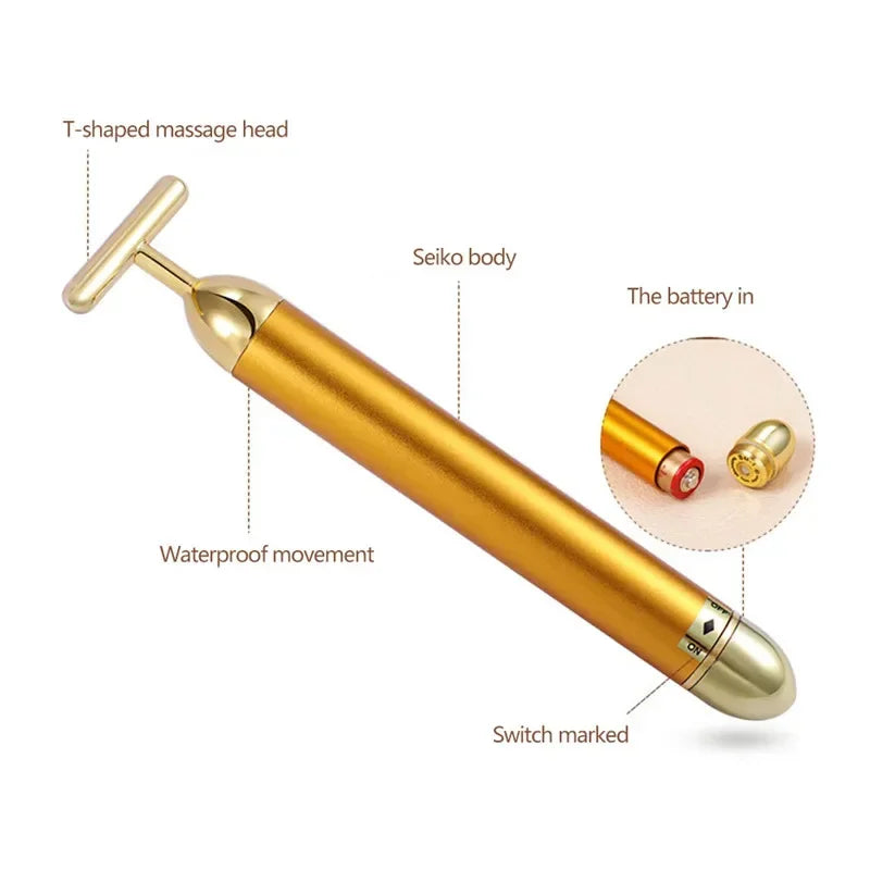Gold Plated Facial Roller Massager | T-Shape Vibration Face Lift Tool detail view