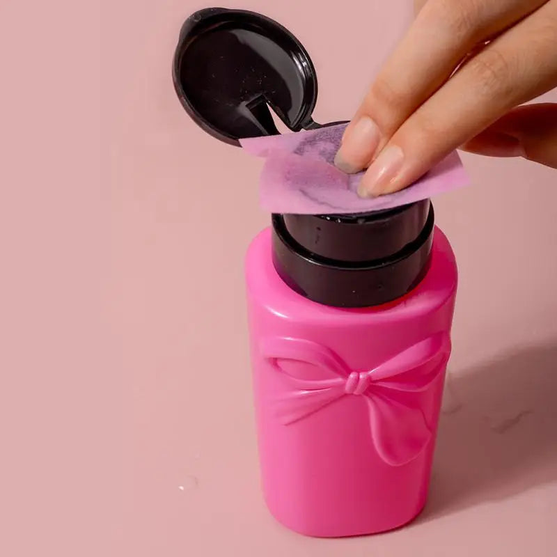 Push Down Plastic Bow Pump Dispenser Bottle | Refillable Nail Polish & Makeup Remover close-up view