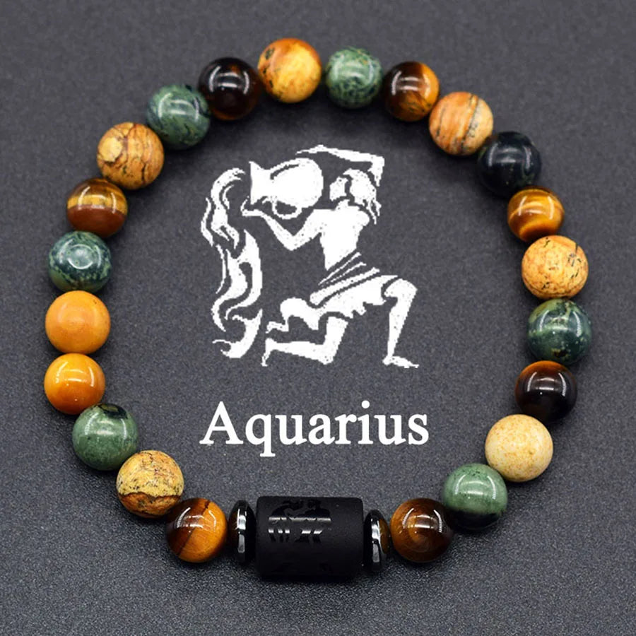 12 Zodiac Sign Bracelet Homme Constellation Bangle Natural Yellow Tiger Eye Stone Hemati detail view