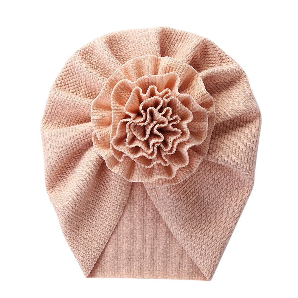 Big Blossom Flower Ribbed Turban Baby Hat | Soft Cotton Topknot Bonnet for Newborns a alternate view