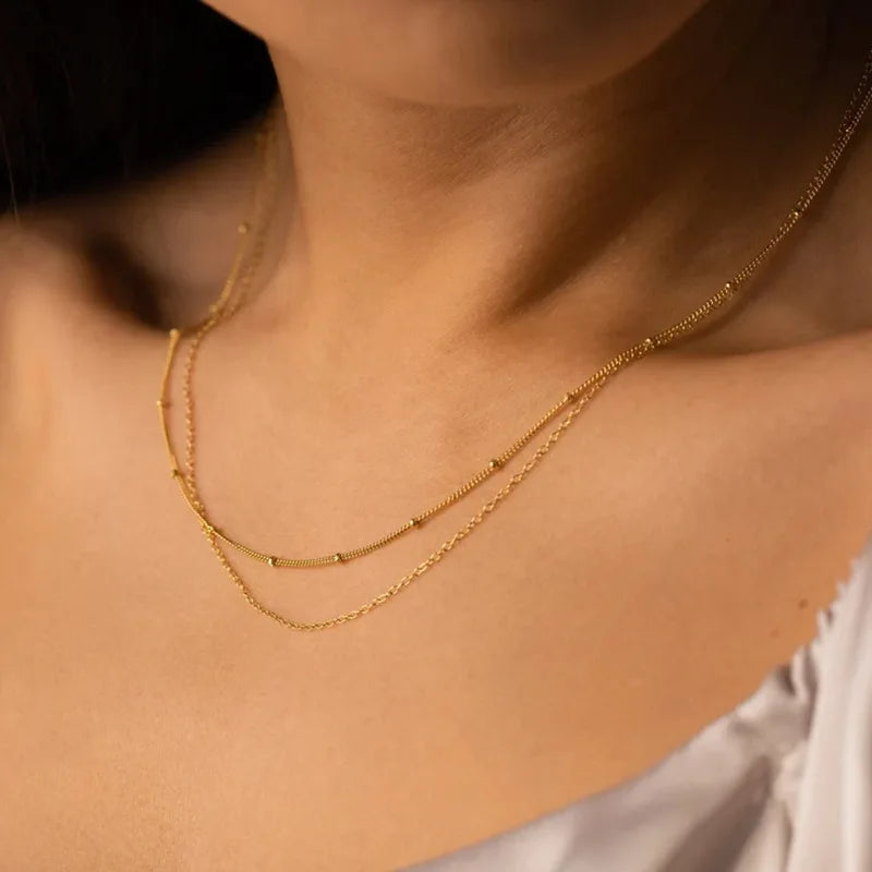 Dainty Gold Layered Bead Chain Necklace | Stainless Steel Star Pendant Jewelry detail view