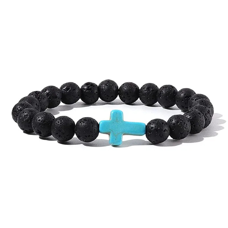 Prayer Men Natural Stone Wood Beads Rosary Hematite Cross Bracelets Onyx Meditation Brac detail view