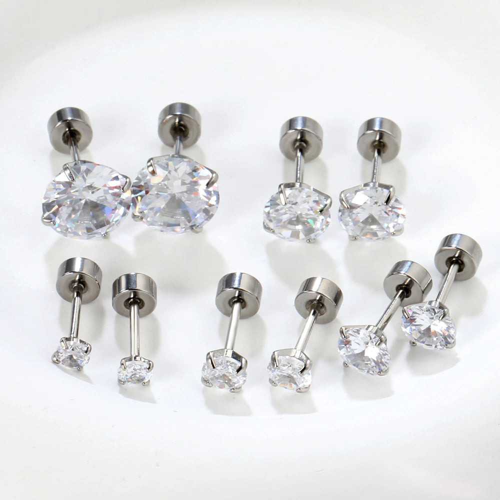 Surgical Steel Cubic Zirconia Stud Earrings | Unisex Screw-Back Earrings additional angle